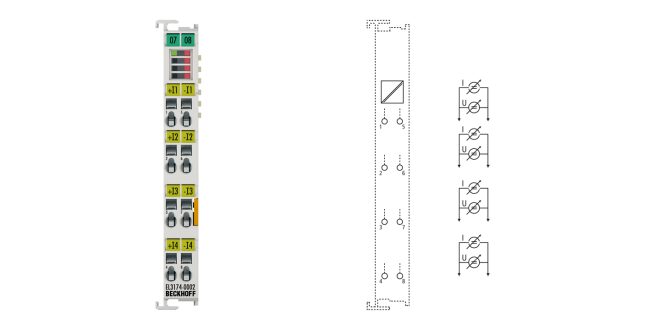 EL3174-0002 | EtherCAT Terminal, 4-channel analog input, multi-function, ±10 V, ±20 mA, 16 bit, differential
