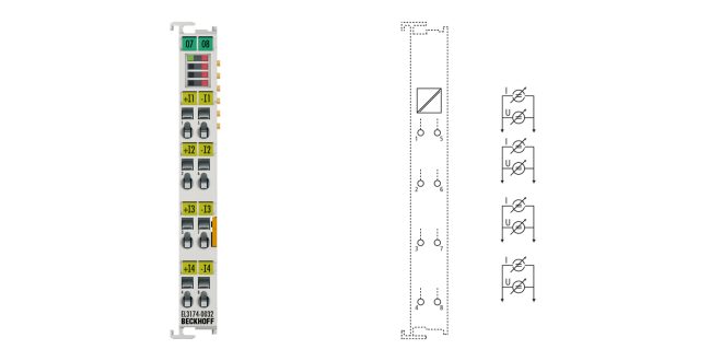 EL3174-0032 | EtherCAT Terminal, 4-channel analog input, multi-function, ±3 V, ±20 mA, 16 bit, differential