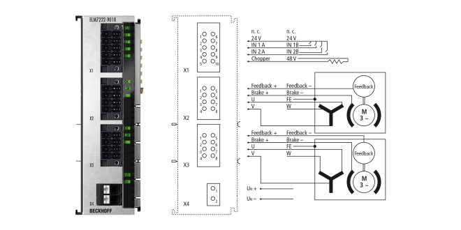 ELM7222-9018 | EtherCAT Terminal, 2-channel motion interface, servomotor, 48 V DC, 8 A, OCT, STO, Safe Motion, TwinSAFE Logic