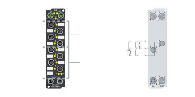 EP2318-0001 | EtherCAT Box, 4-channel digital input + 4-channel digital output, 24 V DC, 10 µs, 0.5 A, M8