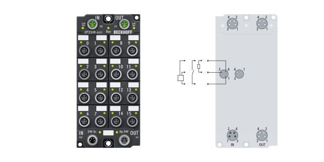 EP2349-0021 | EtherCAT Box, 16-channel digital combi, 24 V DC, 10 µs, 0.5 A, M8