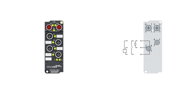 EPP2334-0061 | EtherCAT P Box, 4-channel digital combi, 24 V DC, 10 µs, 0.5 A, M8