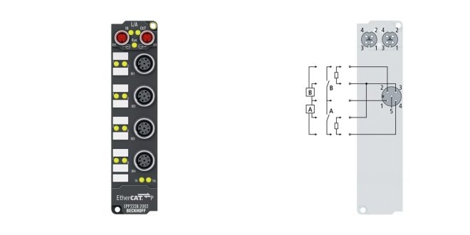 EPP2338-2002 | EtherCAT P Box, 8-channel digital combi, 24 V DC, 10 µs, 0.5 A, M12