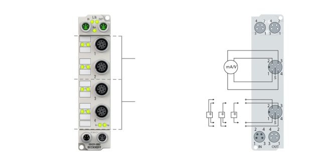 ER4374-0002 | EtherCAT Box, 2-channel analog input + 2-channel analog output, multi-function, ±10 V, 0/4…20 mA, 16 bit, differential, M12, zinc die-cast